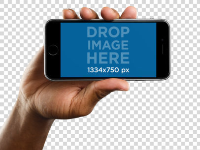 Mockup of Black iPhone in Horizontal Position Held by a Man