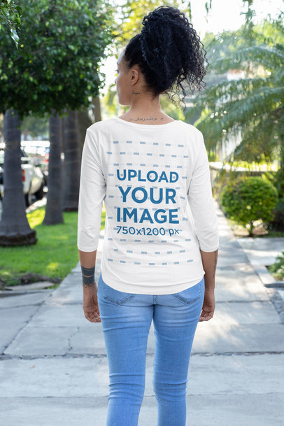 Back-View Mockup of a Woman Wearing a Three-Quarter Sleeves T-Shirt 30220