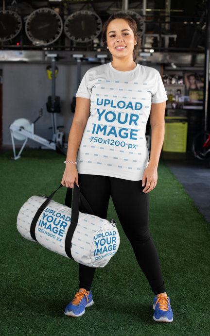 Plus Size Tee Mockup of a Woman at a Gym Carrying a Duffle Bag
