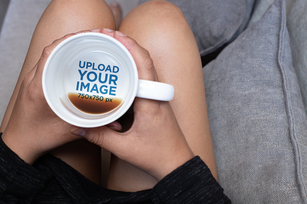 15 oz Hidden Message Mug Mockup of a Young Woman Sitting on a Couch