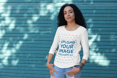 Three-Quarter Sleeve Tee Mockup Featuring a Woman with a Wrist Tattoo 30216