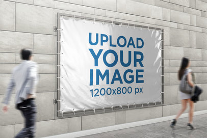 Mockup of a Horizontal Banner Placed on a Wall with People Passing By