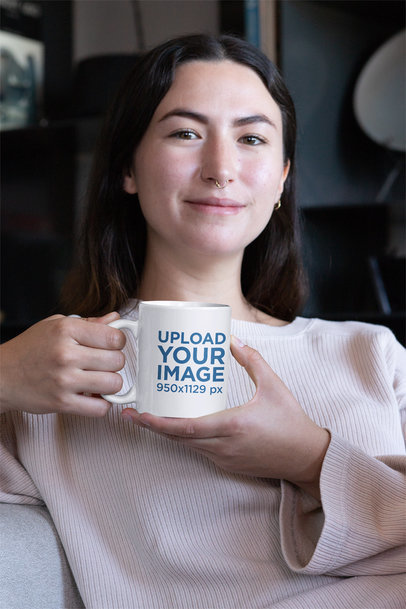 Mockup of a Woman Holding an 11 oz Coffee Mug with Both Hands