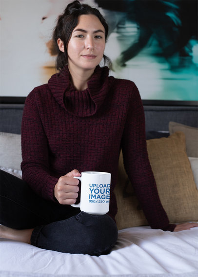 15 oz Mug Mockup Featuring a Woman Having a Coffee on Her Bed 