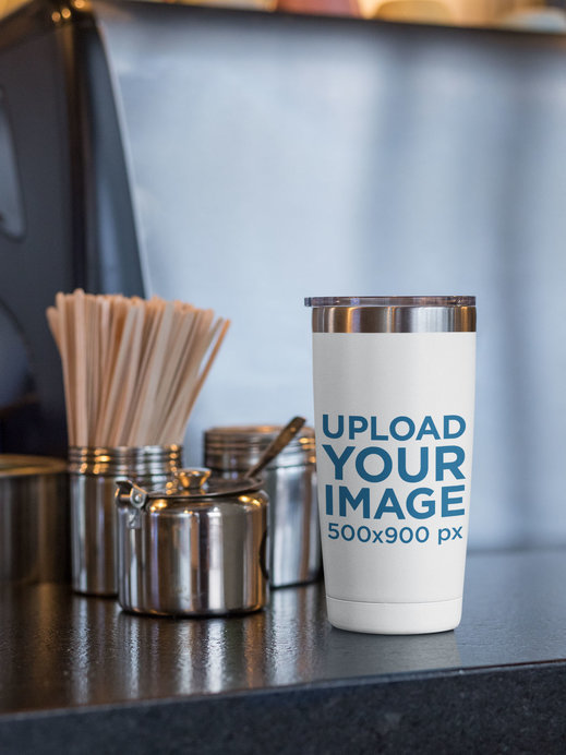 20 oz Travel Mug Mockup Placed by Stainless Steel Kitchen Containers