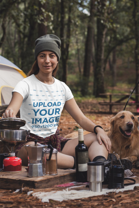 Mockup of a Young Woman at a Campfire Wearing a Crewneck T-Shirt 