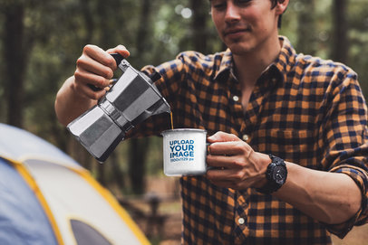 Mockup of a Man Pouring Coffee into a 12 oz Enamel Mug with a Silver Rim