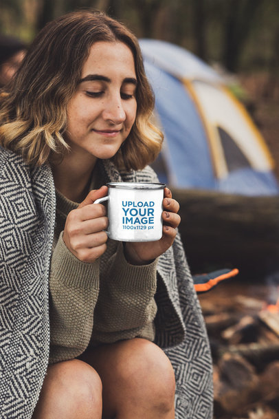 Mockup Featuring a Short-Haired Woman at a Camping Site Holding a 12 oz Enamel Mug with a Silver Rim