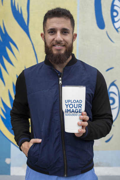 30 oz Travel Mug Mockup Featuring a Bearded Man by a Wall with a Drawing 30377