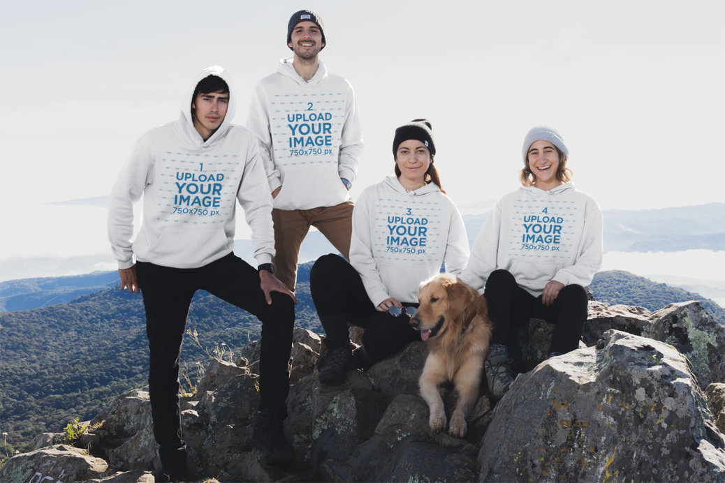 Pullover Hoodie Mockup Featuring a Group of Friends Hiking at a Mountain Peak