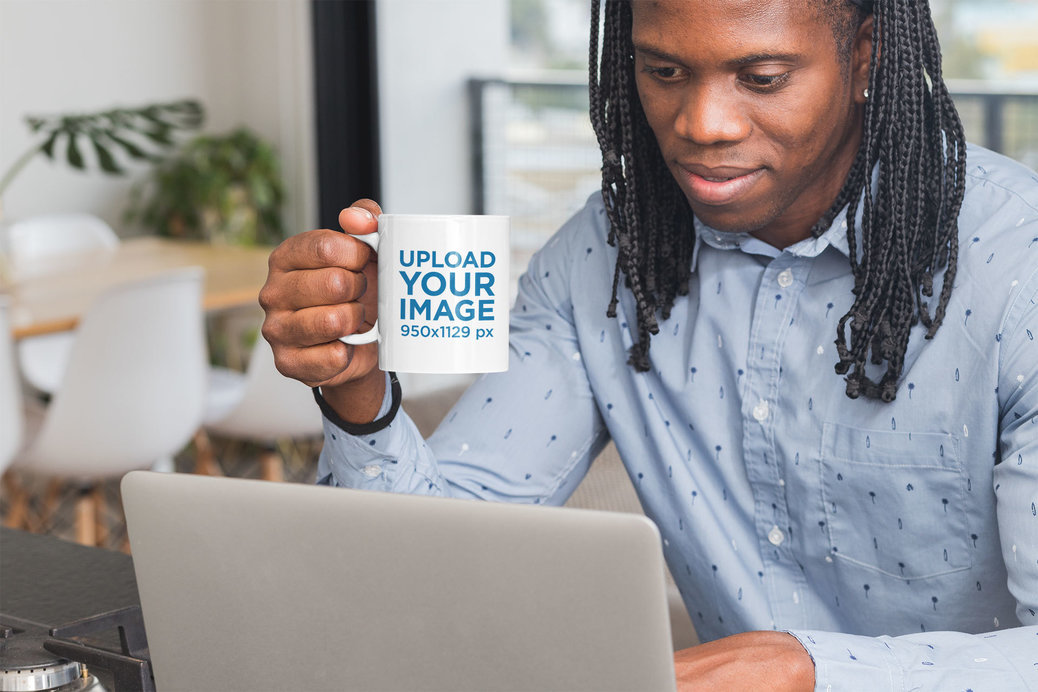 Mockup of a Man with Long Hair Holding an 11 oz Coffee Mug at an Office
