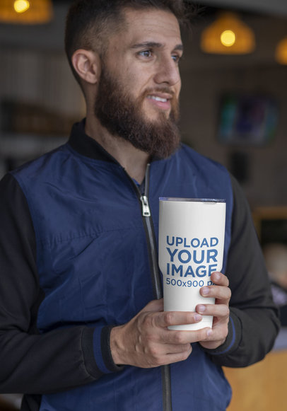 Mockup of a Bearded Man Holding a 30 oz Travel Mug 30379
