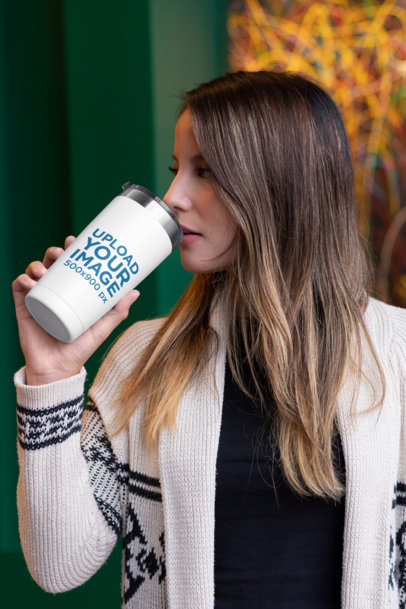20 oz Travel Mug Mockup Featuring a Woman with Long Hair