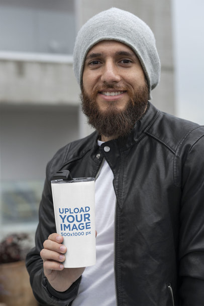 20 oz Travel Mug Featuring a Bearded Man on the Street