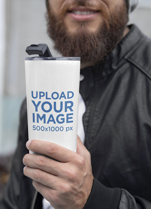 Mockup of a Bearded Man Wearing a 20 oz Travel Mug in Winter