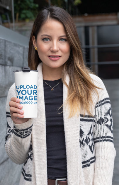 Mockup of a Stylish Woman Holding a 20 oz Travel Mug