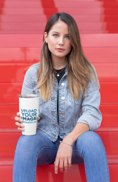 30 oz Travel Mug Mockup of a Woman Sitting on Red Stairs 30417
