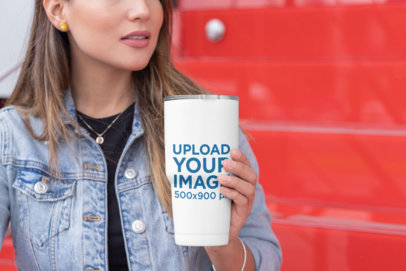 Mockup of a Cropped Face Woman Holding a 30 oz Travel Mug 30419