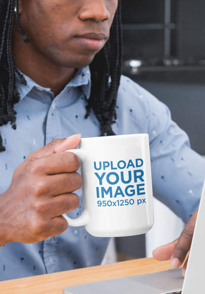 Cropped Face Mockup of a Man Drinking from a 15 oz Coffee Mug 