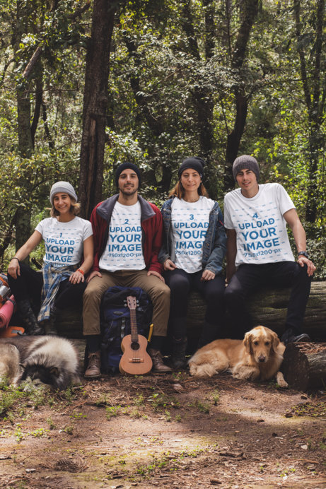 Mockup of Four Friends at a Campsite Wearing Customizable T-Shirts 