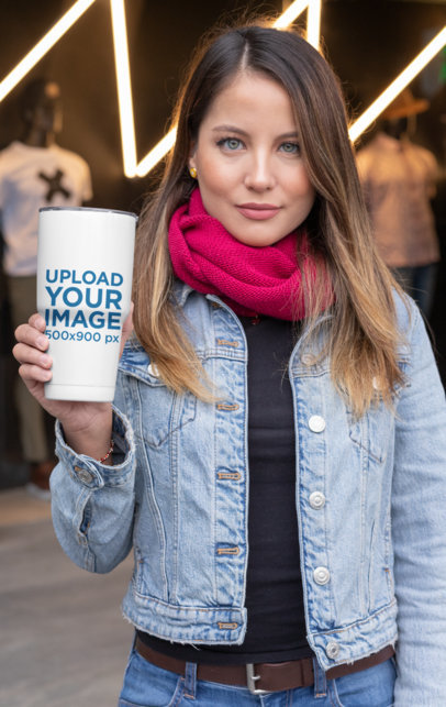 30 oz Travel Mug Mockup Featuring a Stylish Woman