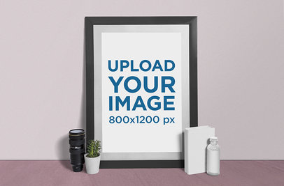 Photo Frame Mockup Featuring a Camera Lens and a Plant Pot 888-el
