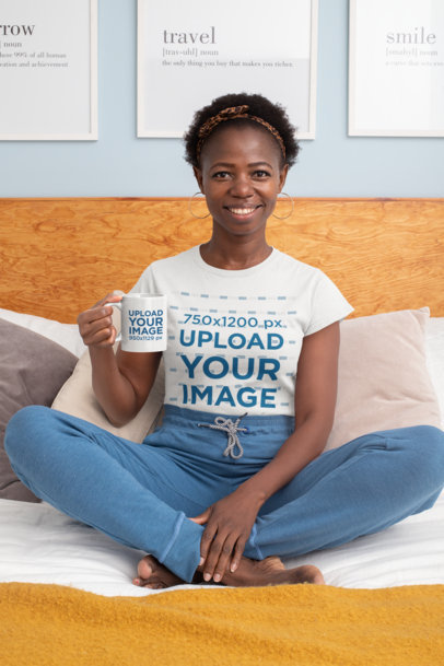 T-Shirt Mockup Featuring a Woman Sitting on the Bed Holding an 11 oz Coffee Mug 