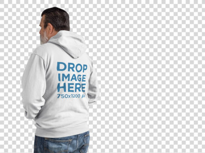 Back of a Middle Aged Man Wearing a Full Zip Hoodie Mockup Facing a Transparent Surface