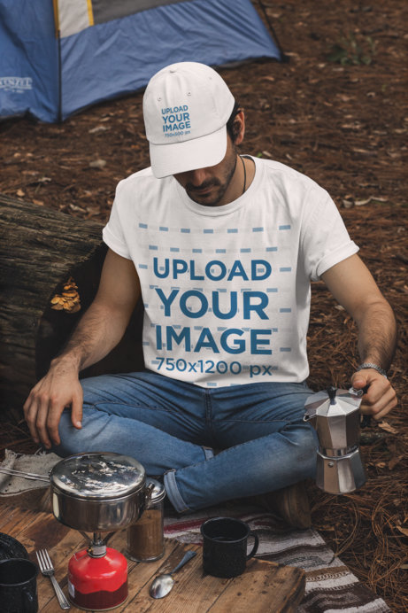 T-Shirt and Dad Hat Mockup of a Man Making Coffee in a Camping Site