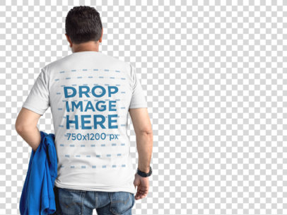 Back of a Senior Man Wearing a Round Neck Tee Mockup Holding a Blue Hoodie Facing a Transparent Backdrop