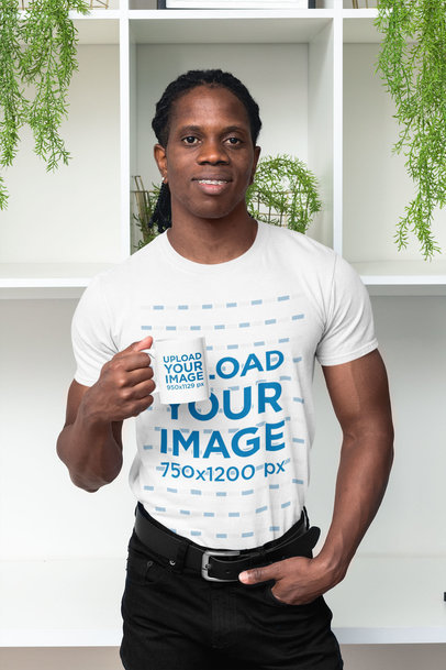 T-Shirt Mockup Featuring a Man Holding an 11 oz Coffee Mug