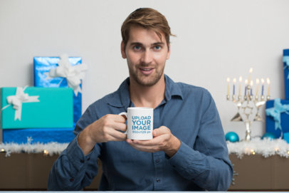 11 oz Coffee Mug Mockup Featuring a Man at a Hanukkah Celebration 