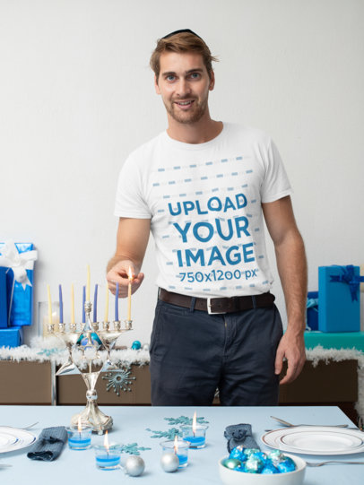 T-Shirt Mockup of a Man Lighting a Hanukkah Candle 