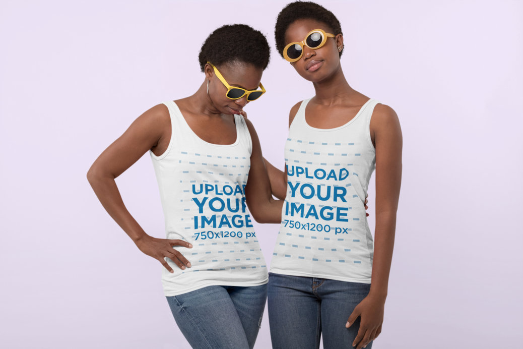 Tank Top Mockup Featuring a Mother and Daughter Wearing Sunglasses at a Studio