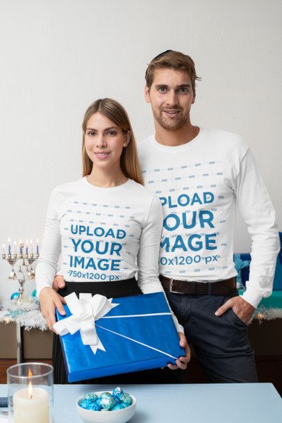 Long Sleeve Mockup of a Couple Celebrating Hanukkah 