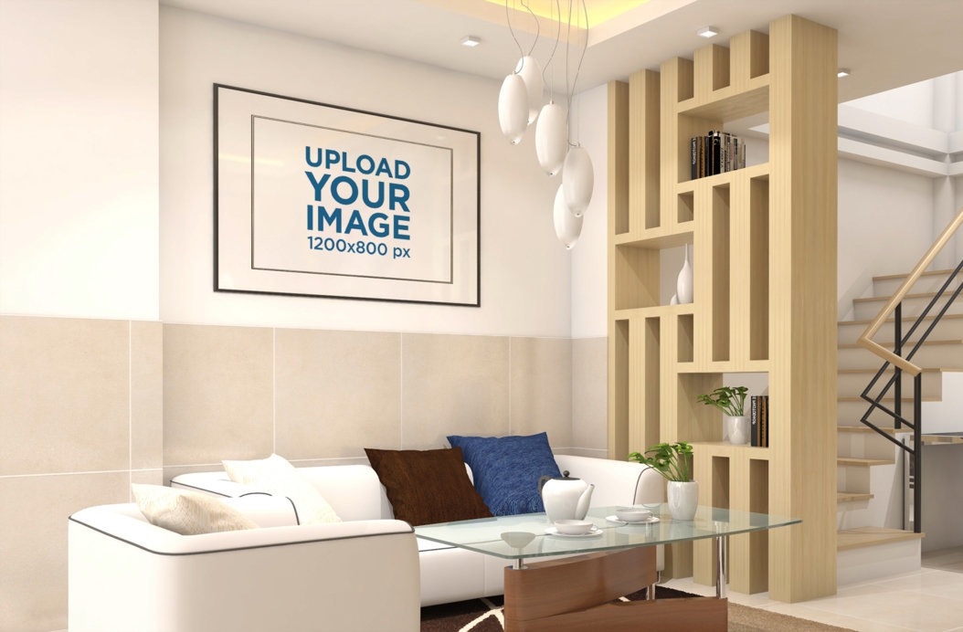Mockup of a Decorative Art Print Frame on a Modern Living Room Wall