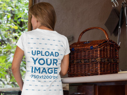 Elder Lady Wearing a Round Neck Tee Mockup from the Back