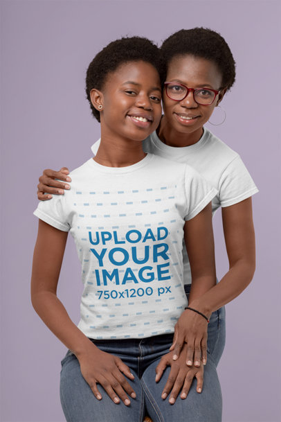 T-Shirt Mockup of Mother and Daughter in a Studio