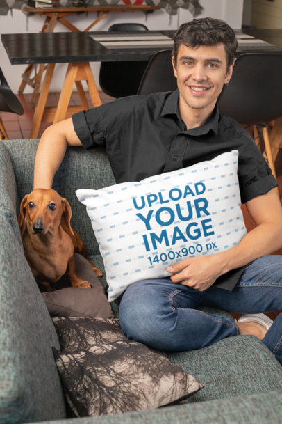 Mockup of a Man Holding a Pillow While Petting a Dog 