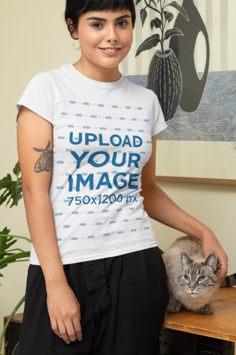 T-Shirt Mockup Featuring a Woman with Her Cat at Home