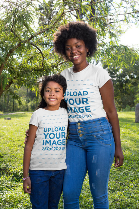 T-Shirt Mockup Featuring Mother and Daughter in Nature