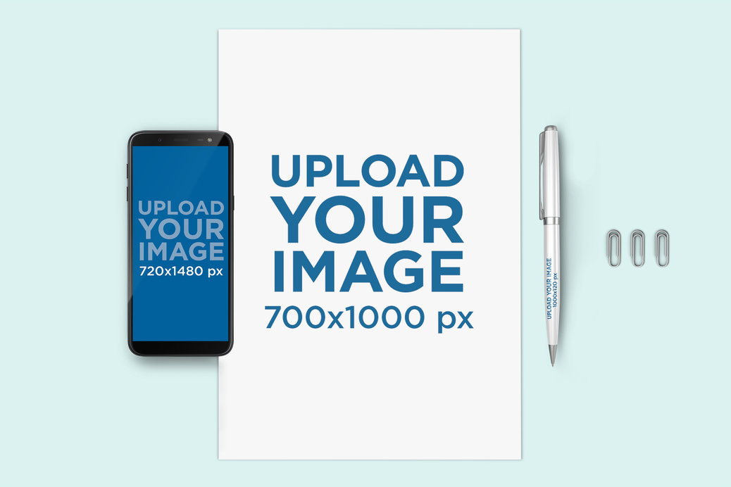 Mockup of an Android Phone Next to an A4 Letterhead and a Pen