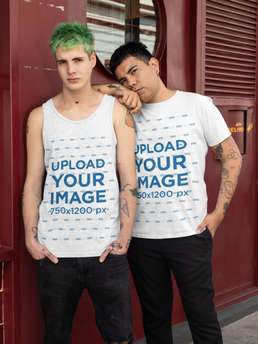 Mockup of a LGBT Couple Wearing a Tank Top and a T-Shirt
