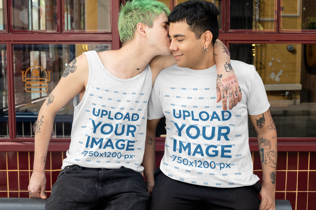 Mockup of an LGBT Couple Wearing a Heathered Tank Top and a Tee