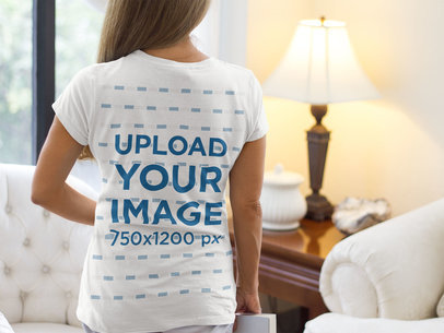 Back of a Senior Lady Wearing a T-Shirt Mockup in her Living Room