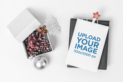 Postcard Mockup Featuring a Small Box with Christmas Ornaments