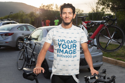 Sublimated Tee Mockup Featuring a Cyclist Posing with a Bike