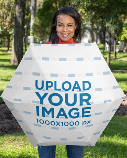Umbrella Mockup Featuring a Smiling Woman at a Park