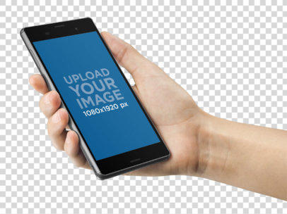 Woman Holding a Sony Xperia Z5 Over a Transparent Background Mockup