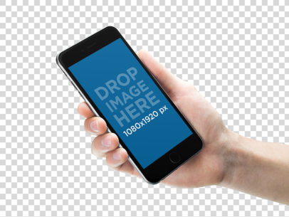 Mockup of a Black iPhone 6 Plus Held Over a Transparent Background